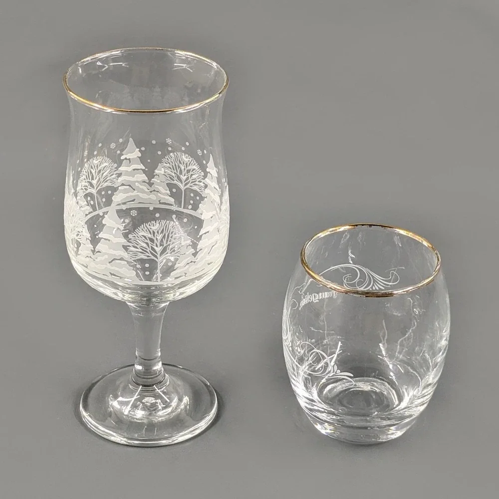 Frangelico Liqueur Glass Set Winter Forest Goblet and Rocks Glass Gold Rim